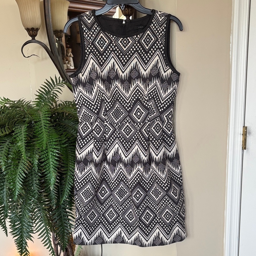 J. Crew Black Ivory Diamond Aztec Tribal Geometric Tailored Sleeveless Dress